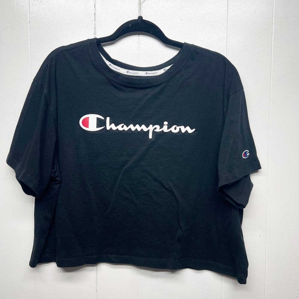 Champion Cropped Boxy Short Sleeve Women's Black T-Shirt Size XL Athleisure